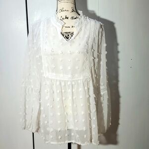 White Puffy Swiss Dot Womens Sheer Top Flowy Neutral Sz.2X
